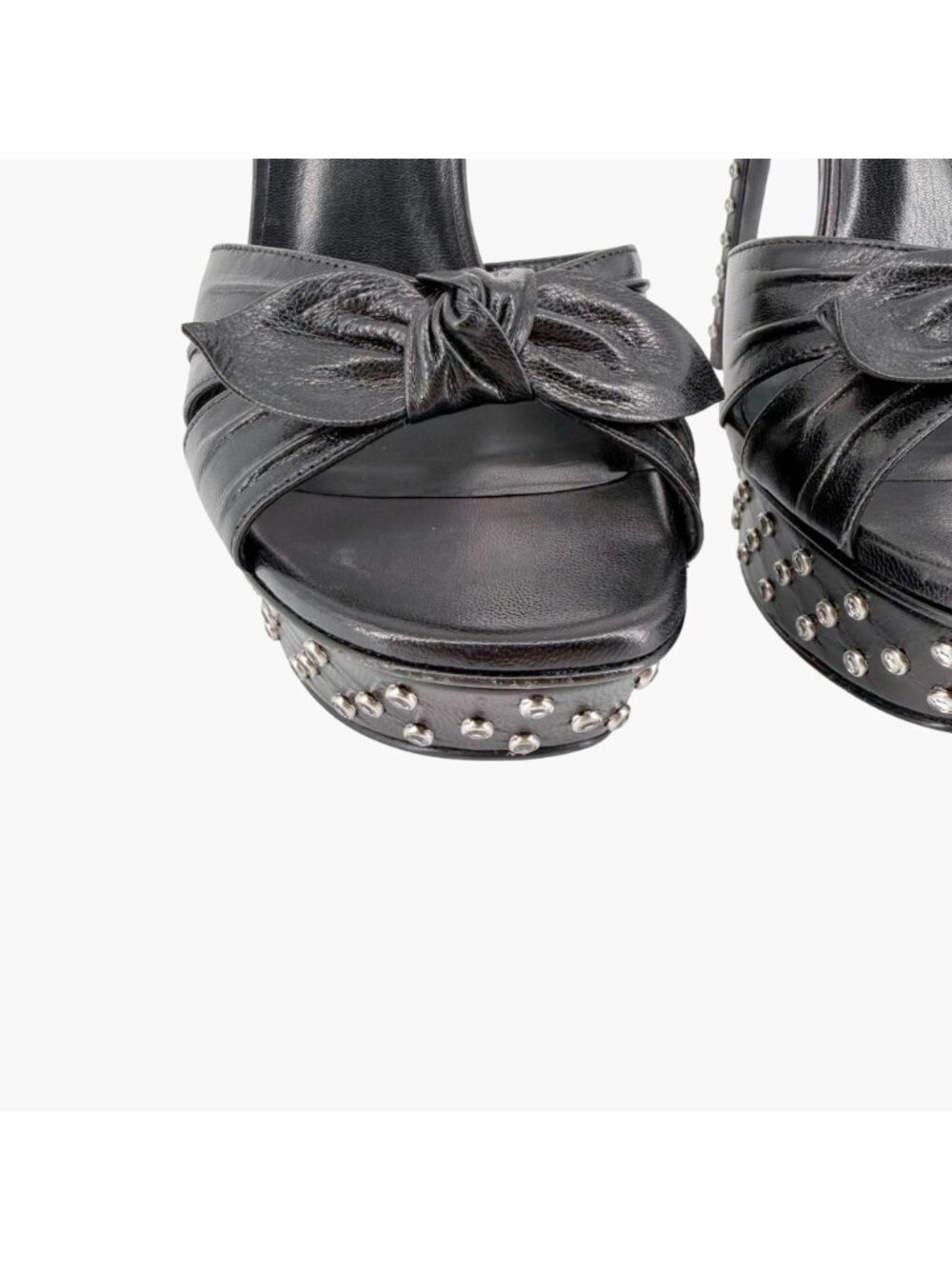 Saint Laurent Crystal Platform Sandals Heels Black Leather Size 39.5 US 9.5 Bow - Picture 7 of 16